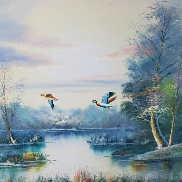 ORIGINAL VINTAGE LARGE UNSIGNED OIL ON CANVAS MALLARD DUCKS FLYING ON POND 48X36 - Picture 2 of 7